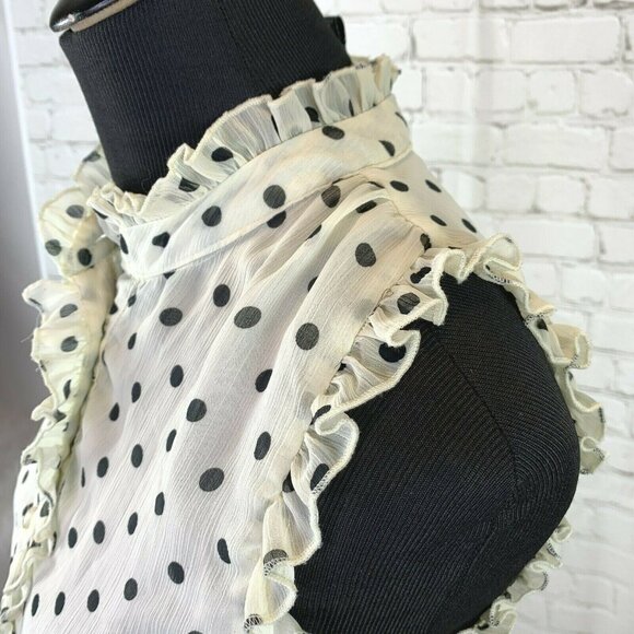 Cynthia Rowley Top S Polka Dot Ruffles Popover Cream Black Sleeveless Shirt - Picture 3 of 6